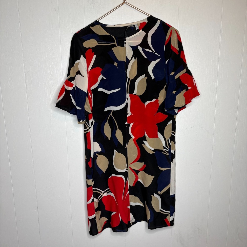 Marella Silk Dress Small Multicolor Floral Bell Sleeve Cocktail Effortless Luxe